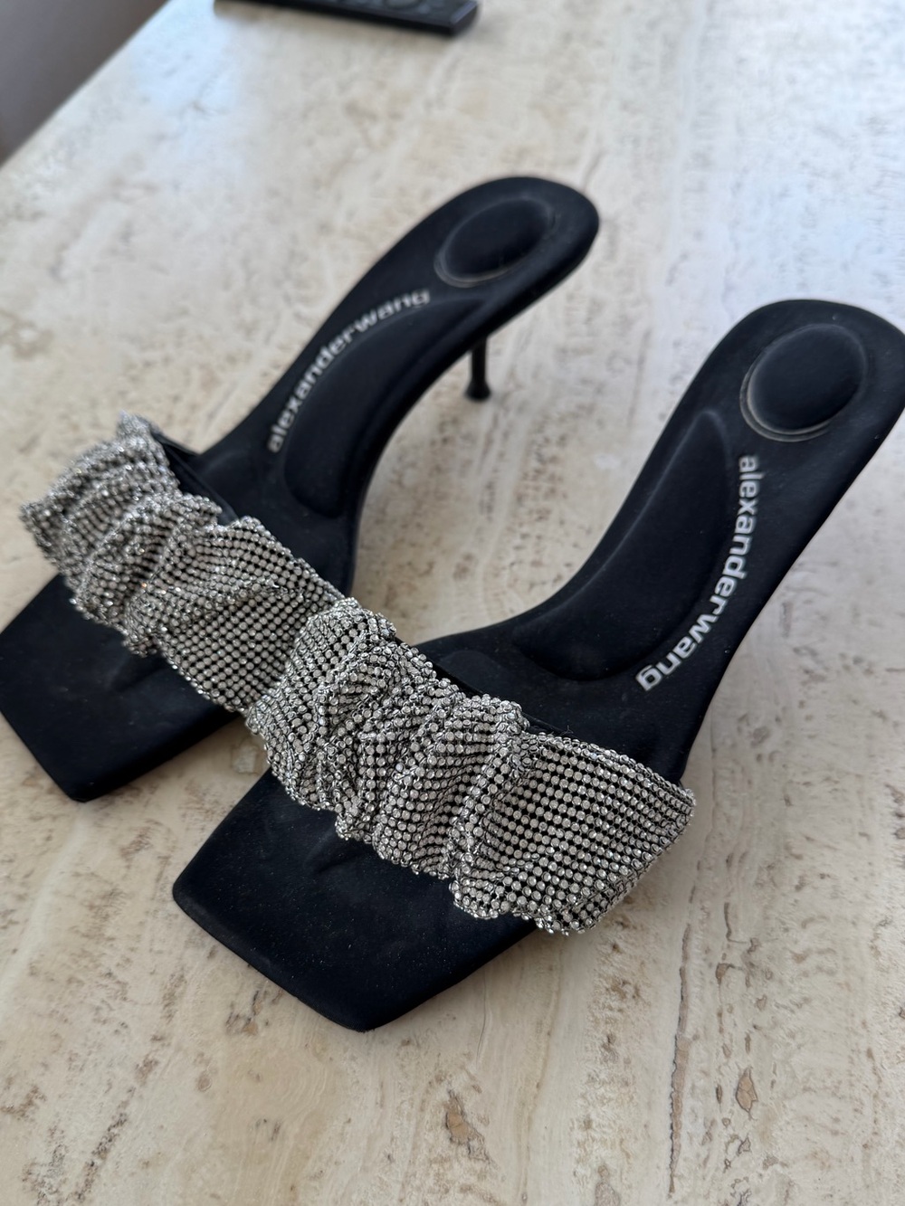 Alexander Wang Black Sandals with Silver Crystal Scrunchie Strap